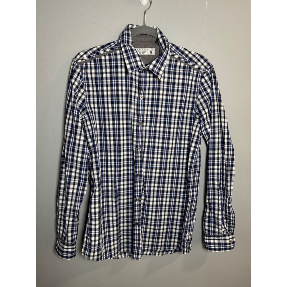 7 Diamonds Premium Mens Small Navy Blue White Plaid Cotton‎ Button Down Shirt
